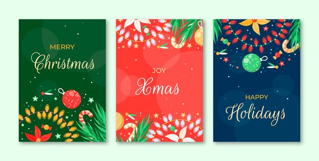 Gratis vector platte vrolijke kerstkaarten set