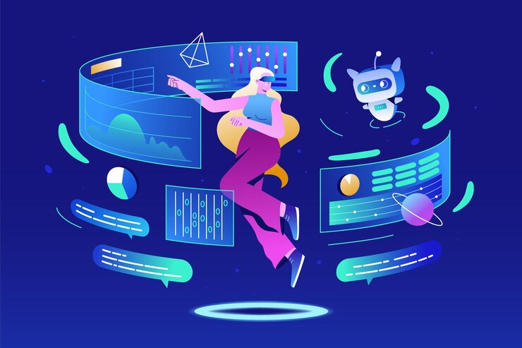 Gratis Vector platte vrouw in vr bril communicatie met ai robot in metaverse