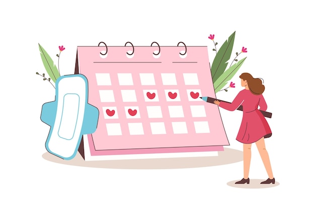 Platte vrouw markeer datum van menstruatie in menstruatiekalender