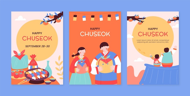 Gratis vector platte wenskaartencollectie voor de viering van het koreaanse chuseok-festival