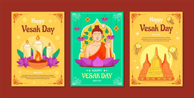 Gratis vector platte wenskaartencollectie voor de viering van het vesak-festival