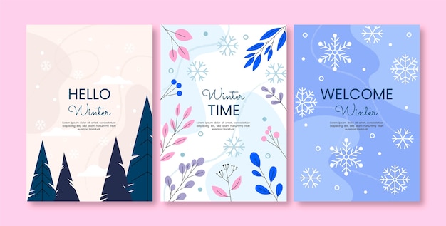 Gratis vector platte wenskaartencollectie voor het winterseizoen met bladeren en sneeuwvlokken