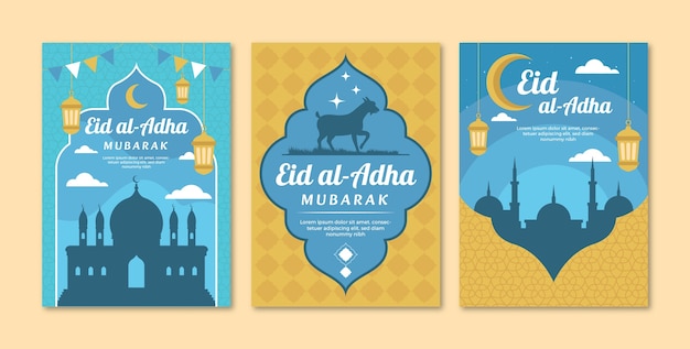 Gratis vector platte wenskaartencollectie voor islamitische eid al-adha-viering