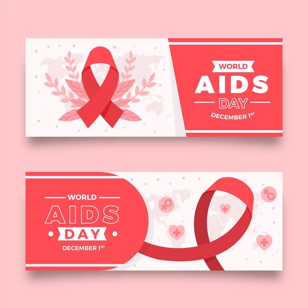 Gratis vector platte wereld aids dag horizontale banners set