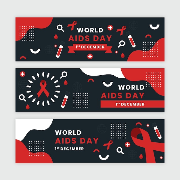 Gratis vector platte wereld aids dag horizontale banners set