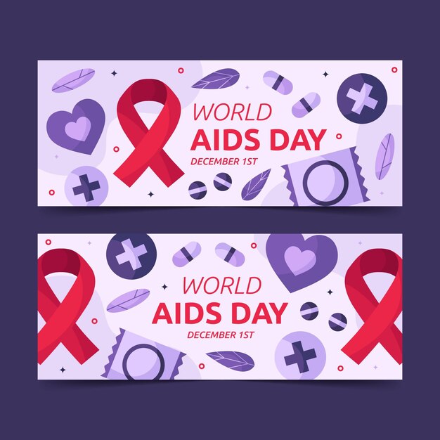 Gratis vector platte wereld aids dag horizontale banners set