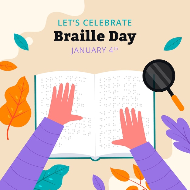 Platte wereld braille dag viering illustratie