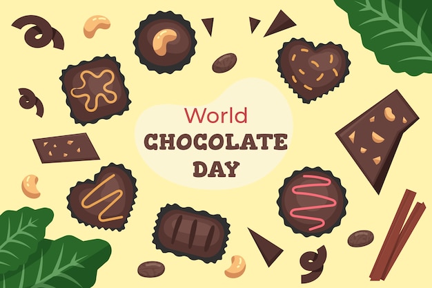 Gratis vector platte wereld chocolade dag achtergrond met chocolade lekkernijen