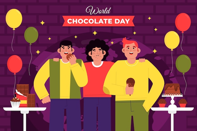 Gratis vector platte wereld chocolade dag achtergrond met mensen vieren