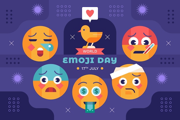 Platte wereld emoji dag achtergrond met emoticons