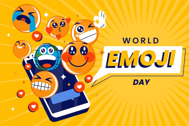 Gratis vector platte wereld emoji dag achtergrond met emoticons