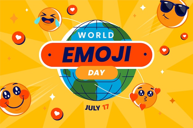 Gratis vector platte wereld emoji dag achtergrond met emoticons