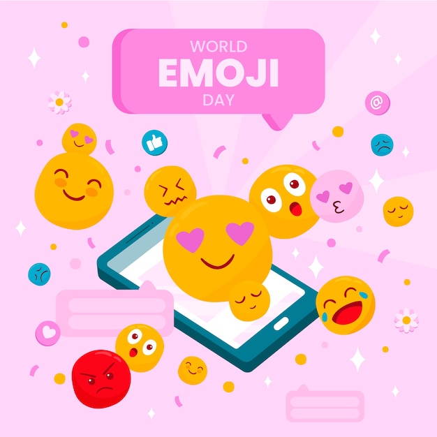 Platte wereld emoji dag illustratie met emoticons