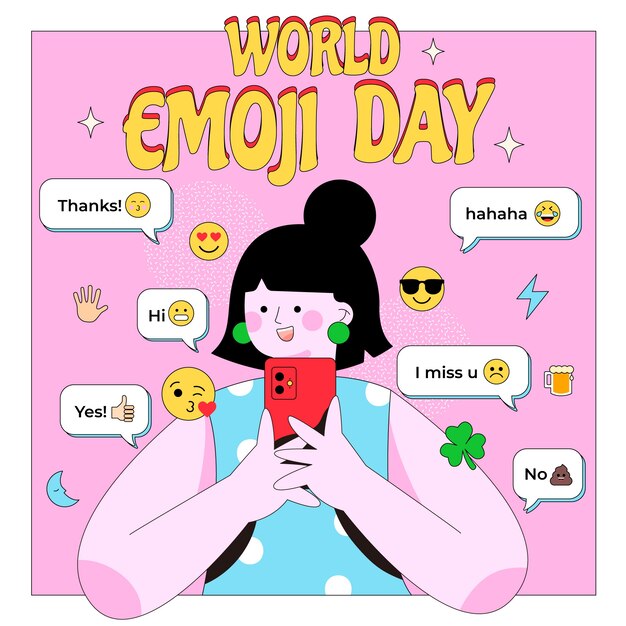 Platte wereld emoji dag illustratie met vrouw en smartphone