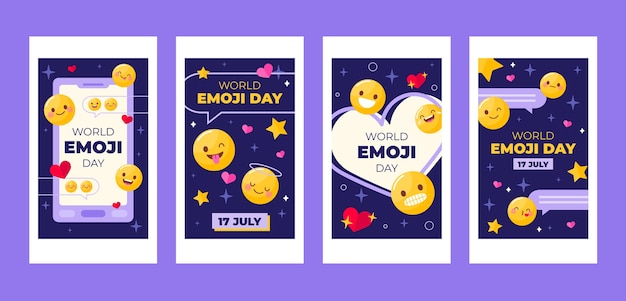 Gratis vector platte wereld emoji dag instagram verhalencollectie met emoticons