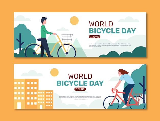 Gratis vector platte wereld fietsdag horizontale banners collectie