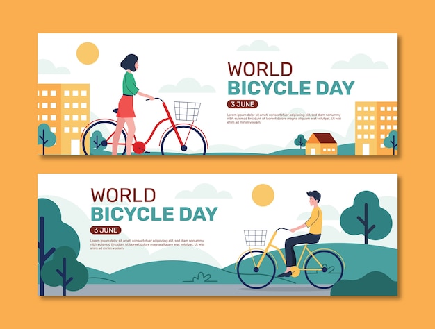 Gratis vector platte wereld fietsdag horizontale banners collectie