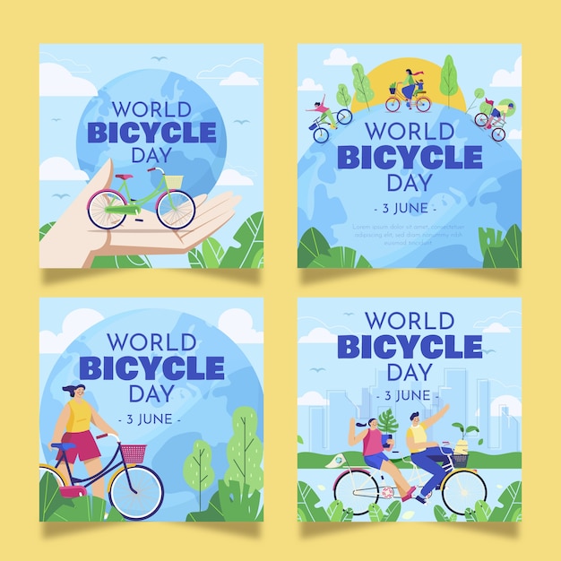 Gratis vector platte wereld fietsdag instagram posts collectie