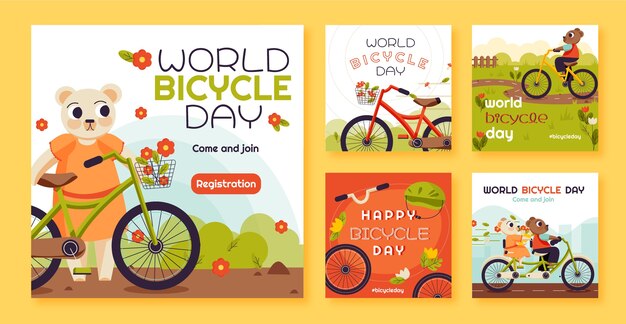 Gratis vector platte wereld fietsdag instagram posts collectie