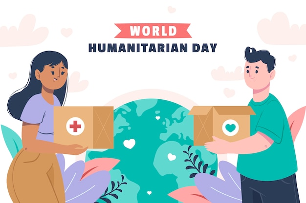 Platte wereld humanitaire dag achtergrond met mensen die dozen hanteren