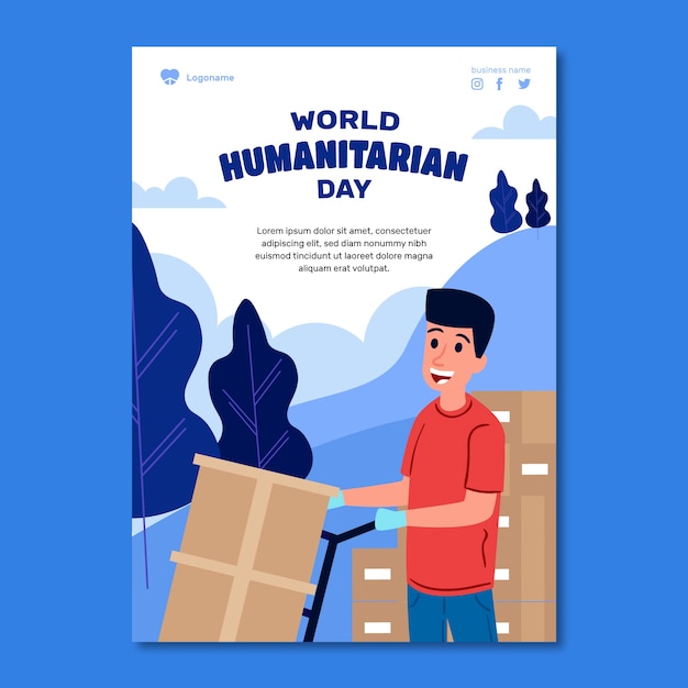 Gratis vector platte wereld humanitaire dag postersjabloon met man handling boxes