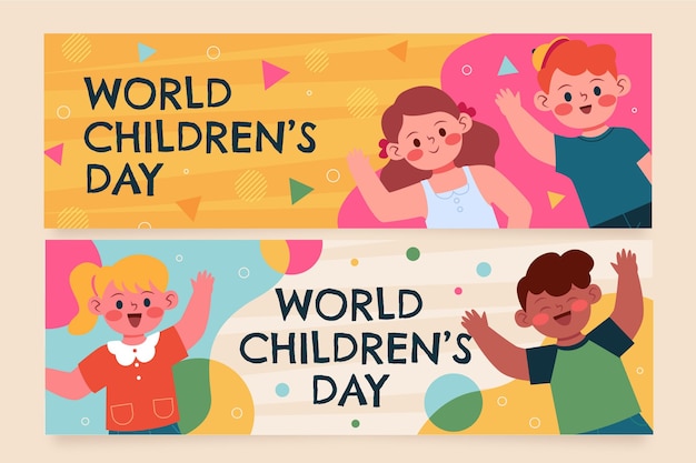 Platte wereld kinderdag horizontale banners set