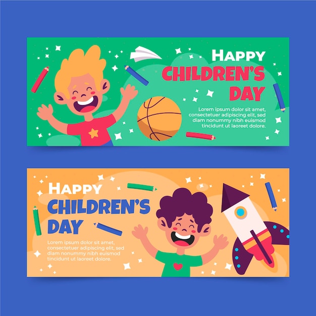 Platte wereld kinderdag horizontale banners set