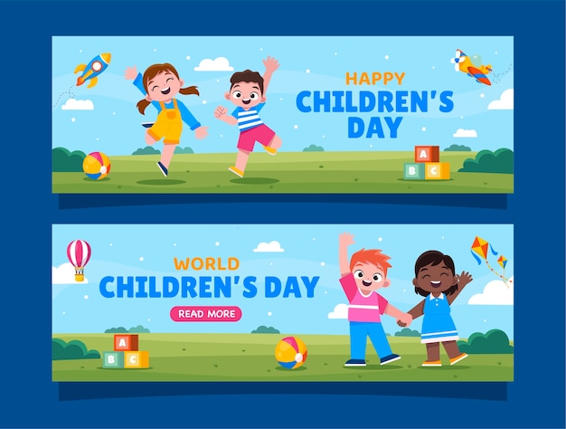 Gratis vector platte wereld kinderdag horizontale banners set