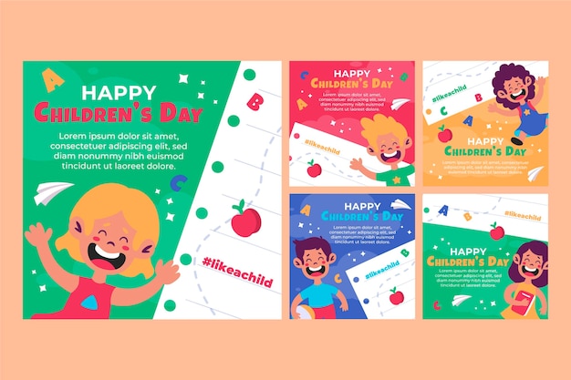 Gratis vector platte wereld kinderdag instagram posts collectie