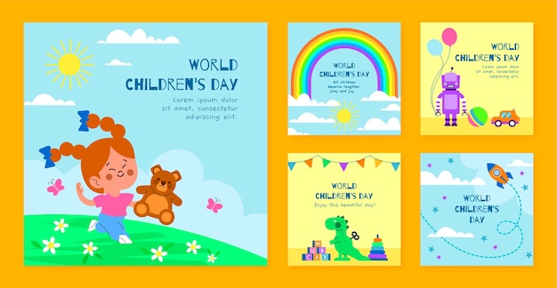 Gratis vector platte wereld kinderdag instagram posts collectie