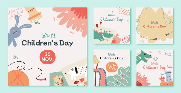 Gratis vector platte wereld kinderdag instagram posts collectie