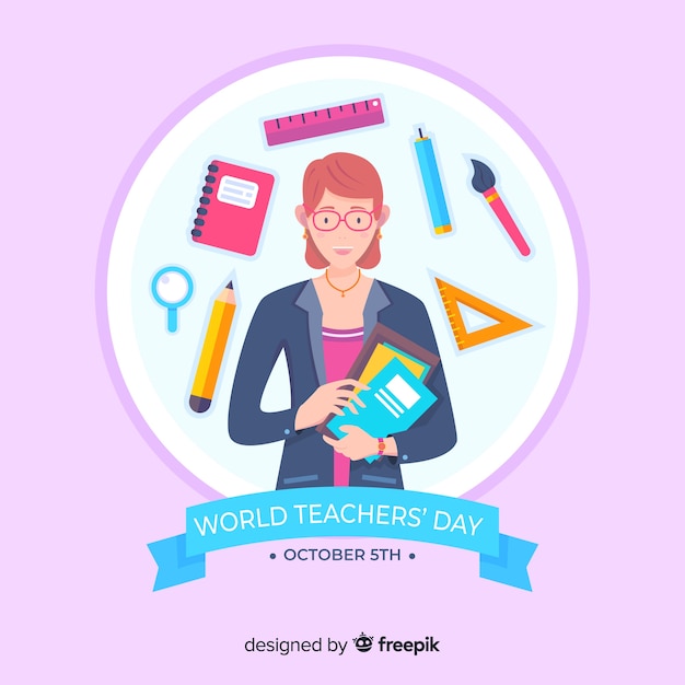 Platte wereld lerarendag met schoolbenodigdheden