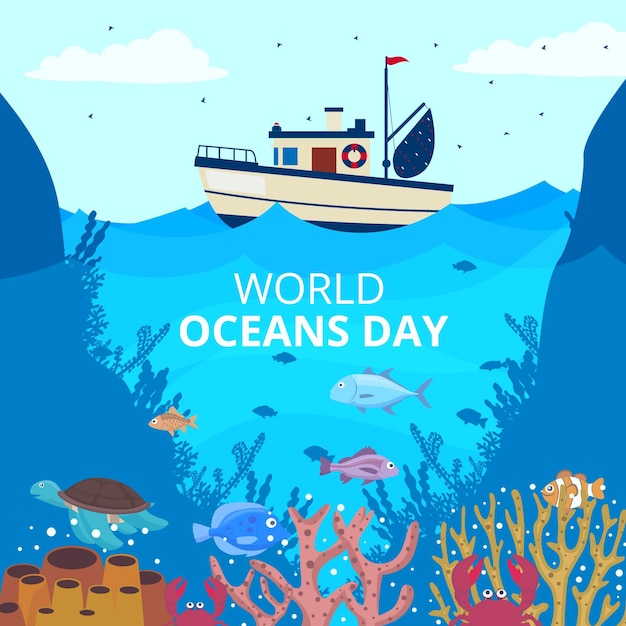 Platte wereld oceanen dag illustratie