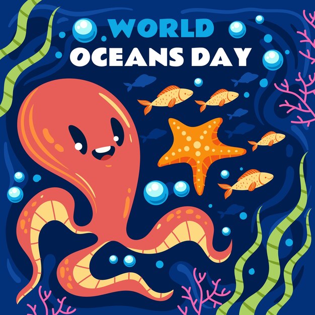 Platte wereld oceanen dag illustratie