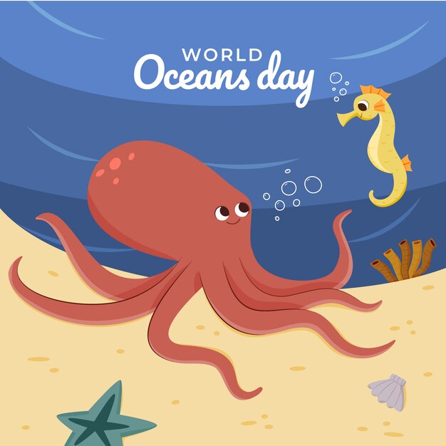 Platte wereld oceanen dag illustratie