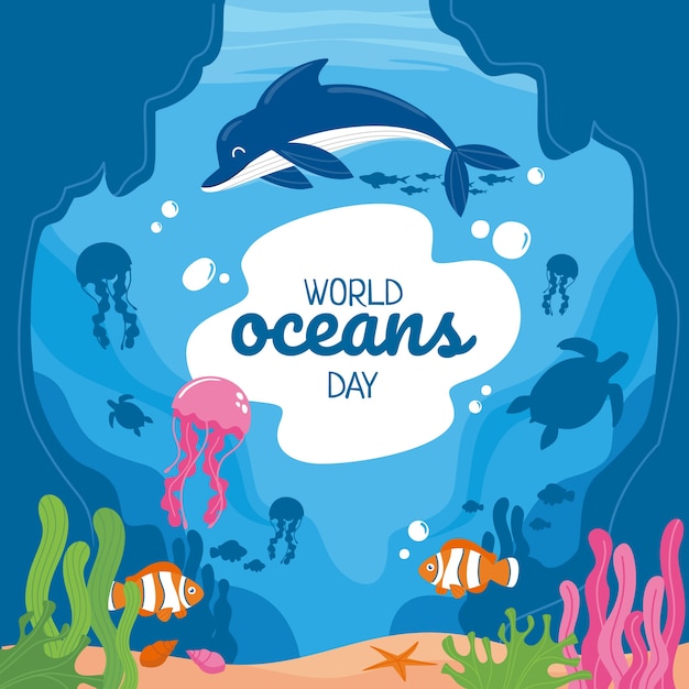 Platte wereld oceanen dag illustratie