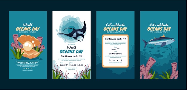 Gratis vector platte wereld oceanen dag instagram verhalencollectie