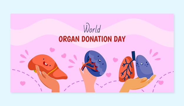 Platte wereld orgaandonatie dag horizontale banner sjabloon met handen met menselijke organen