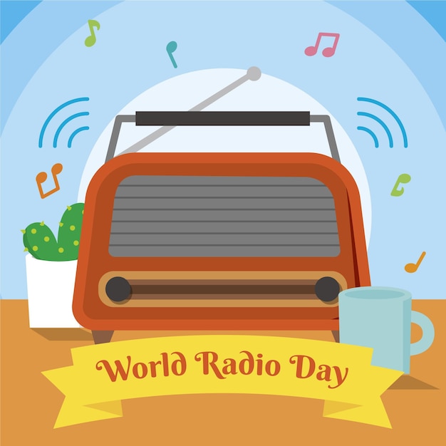 Platte wereld radio dag illustratie