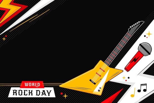 Gratis vector platte wereld rock dag achtergrond met elektrische gitaar en microfoon