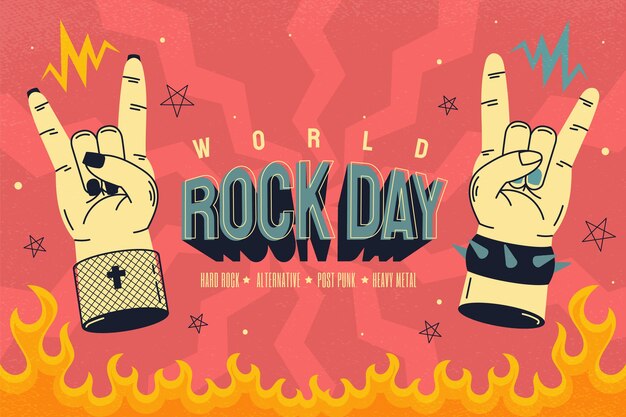 Platte wereld rock dag achtergrond met handen met rock-'n-roll-borden