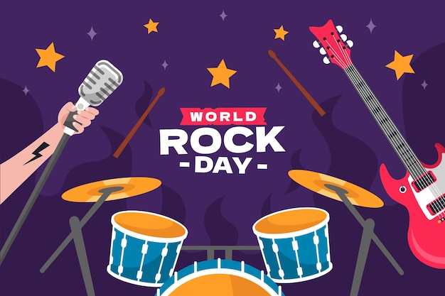 Gratis vector platte wereld rock dag achtergrond met muziekinstrumenten