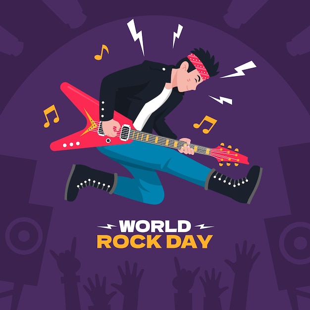 Gratis vector platte wereld rock dag illustratie met man gitaar spelen