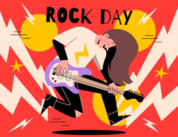 Platte wereld rock dag illustratie met muzikant gitaar spelen