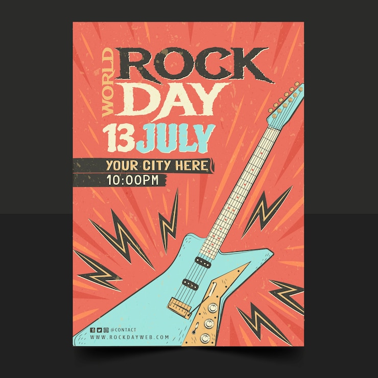 Gratis Vector platte wereld rock dag verticale poster sjabloon met gitaar