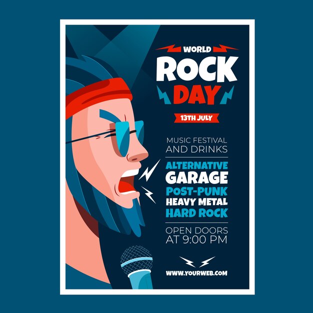 Platte wereld rock dag verticale poster sjabloon met mannelijke muzikant