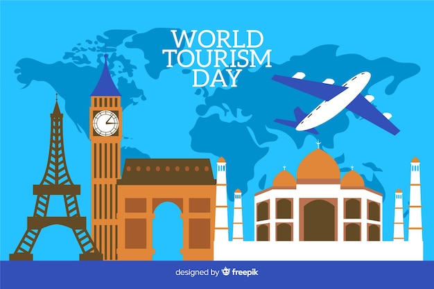 Platte wereld toerisme dag met wereldkaart op achtergrond
