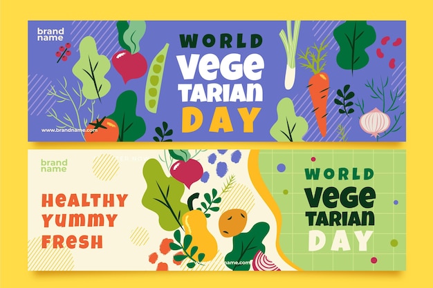 Gratis vector platte wereld vegetarische dag horizontale banners set