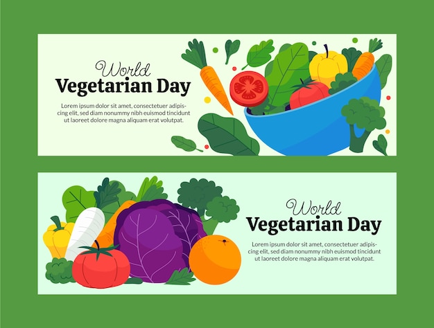 Gratis vector platte wereld vegetarische dag horizontale banners set