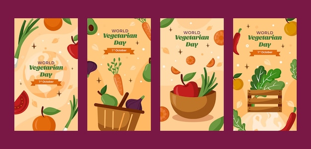 Gratis vector platte wereld vegetarische dag instagram verhalencollectie